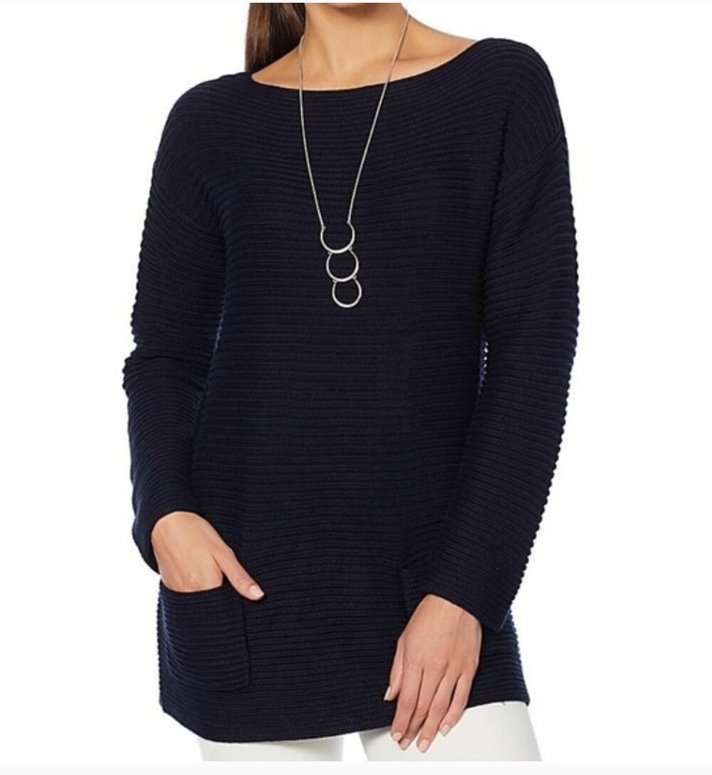 VINCE CAMUTO Women's Boat Neck Sweater LARGE Black Long Sleeve Rib-Knit